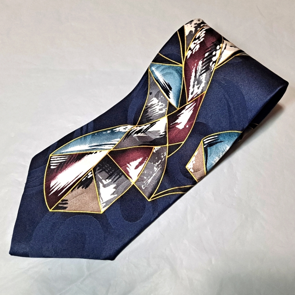 Bellini New York Milan 💯 Silk Necktie 58"x4" Abstract Print Blue/White/Burgundy